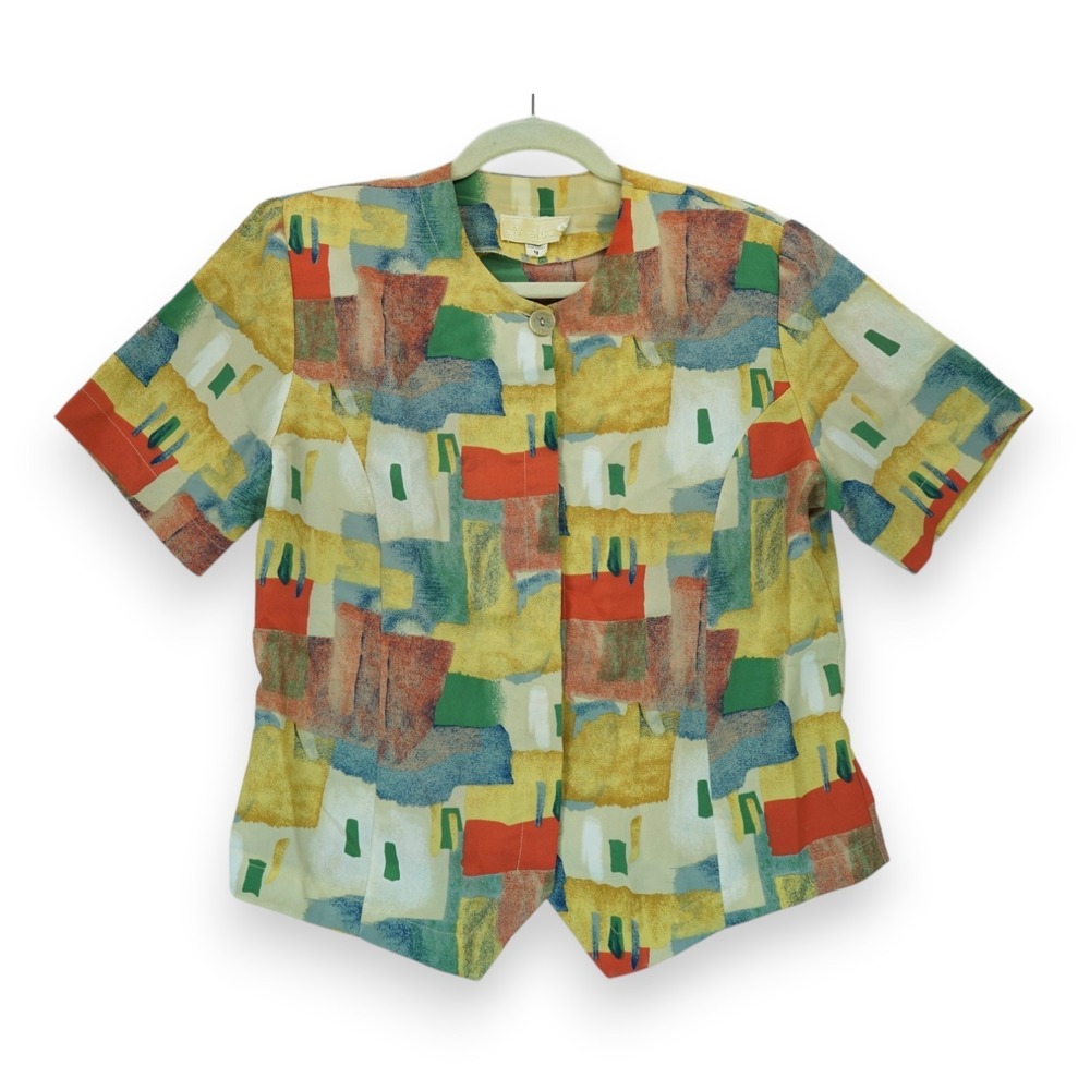 Vintage 90s Che Studio Art Print Short Sleeve Blouse Women's Size M ~ USA Made